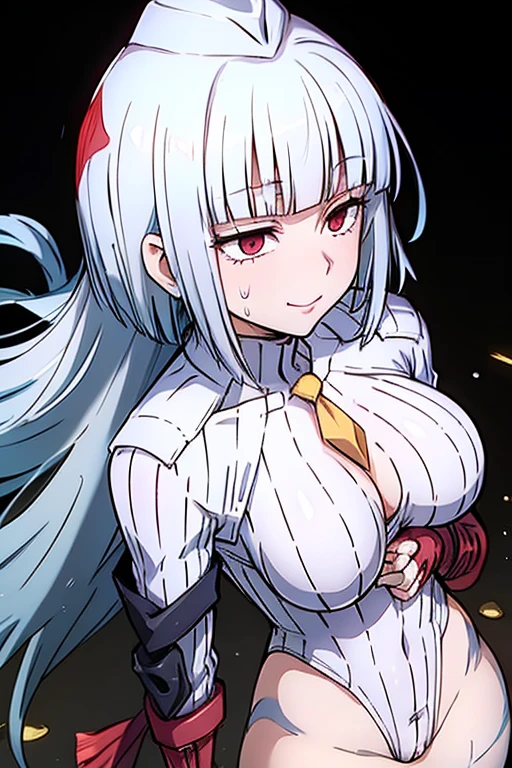 White hair, red eyes, girly, big breasts,