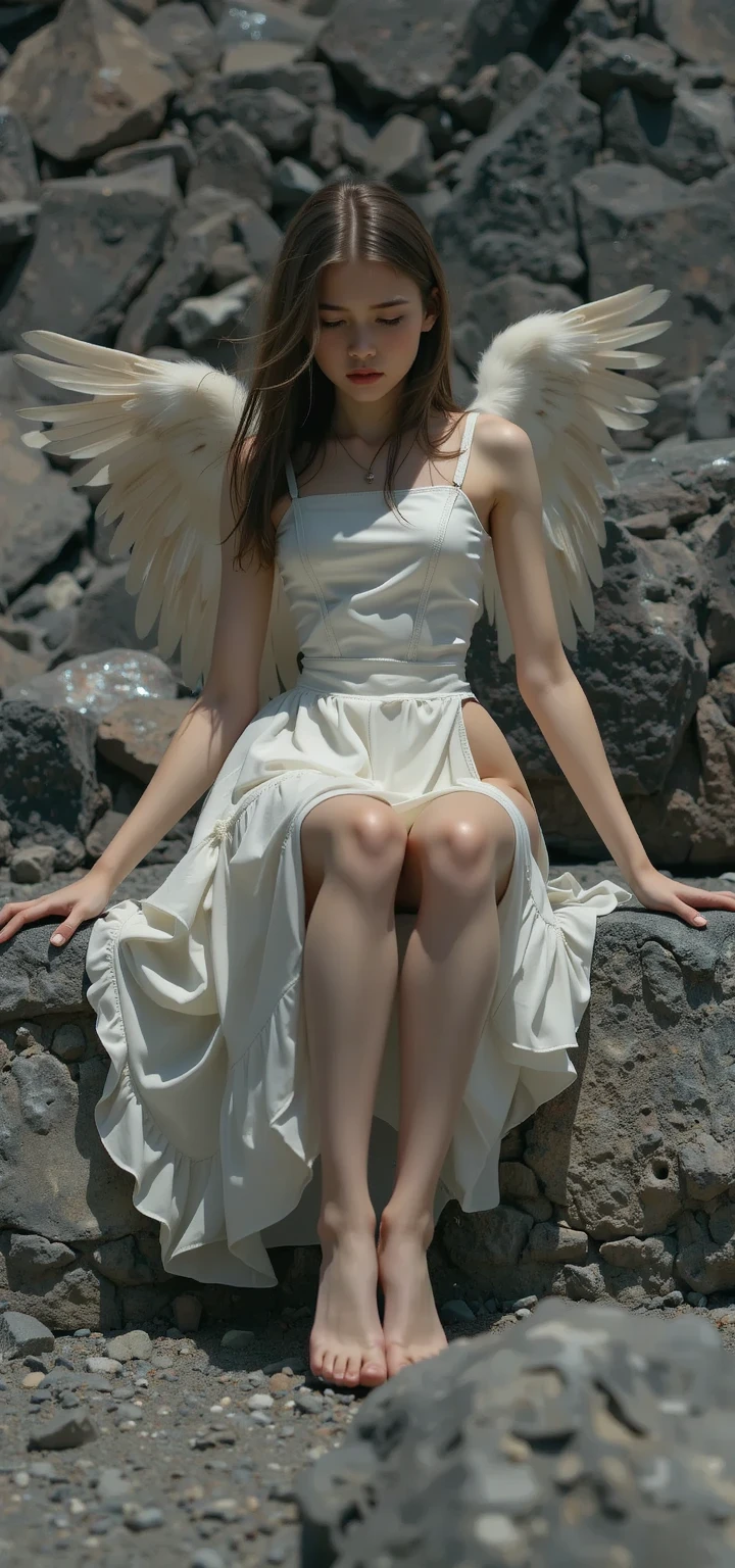 A girl, long hair, eyes closed, (patch), expressionless, lips slightly open, white dress, shoulders exposed, head up, legs exposed, barefoot, sitting on a table, dark room, dark background, dark tone, depth of field, panorama, far view, character picture ratio 1:3, all the way angel's wings, another angel's wings on the ground, shadow, darkness