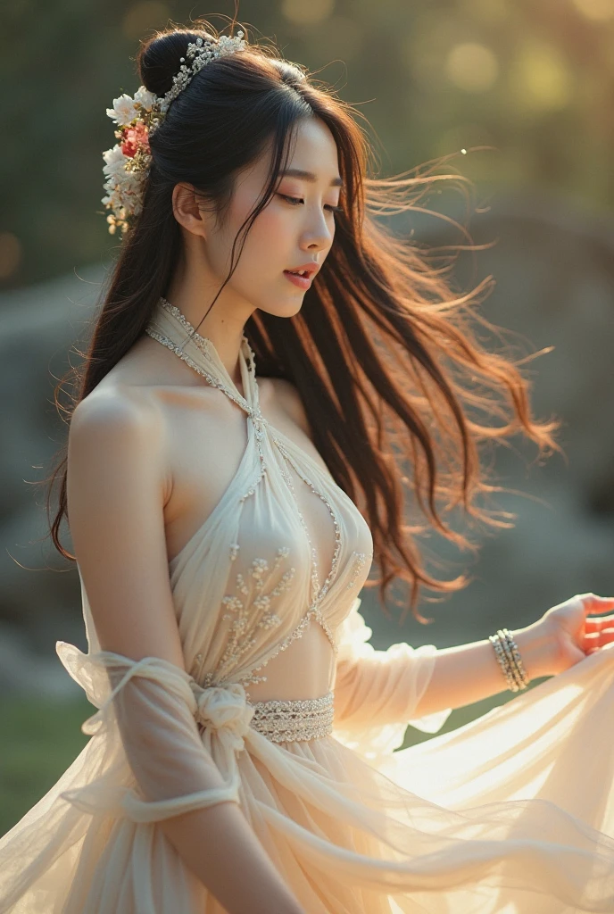 masterpiece、beautiful woman 25 years old,Brown hair,long to,Fluttering in the wind、Beautifully detailed、The eye,Beautifully detailed、 Glamorous body、 white mechanical bodysuit,translucent,Beautifully detailed、Equipped with mechanical armor all over the body、platinum,gold,Diamonds,Beautifully detailed、 Background with, science fiction future city,Skyscrapers,Beautifully detailed、 Filled with fog,Beautifully detailed、云,Beautifully detailed、standing athletic pose、Beautifully detailed、solemnity、highres photograph、SLR camera、depth of fields