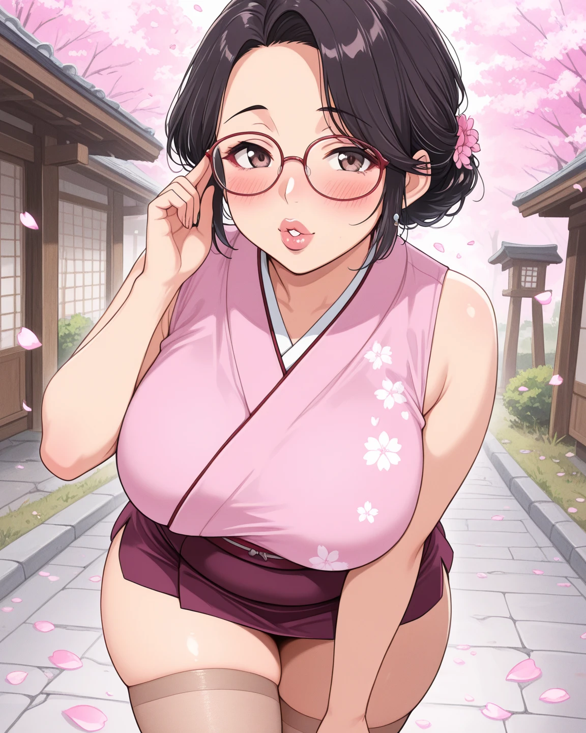 venusbody,1 girl,Alone,(huge breasts:1.1),giant hips,Wide hips,Thighs gruesos,(Thighs enormes:1.3), kimono, neckline,SMILE,happy,Open mouth,Thighs,very long hair,short hair,Brown hair,(Dark skin:1.4),by rubio,forehead,looking at the viewer,outdoor,neck,glasses