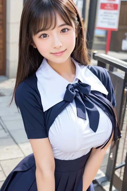 masterpiece, Highest quality, 8k, Young and beautiful, Baby Face、着衣Big Breasts、((((Thighs))))(((((()))))),((Large Breasts:1.3)), photo shoot, Cute Face, Thighs,、smile, 10 generations, Detailed face, Background Blur、Long Hair、(((((Blonde)))))、Big Breasts、Cleavage、Tight waist,(((((Cleavage))))mini skirt((White collared shirt))mini skirt、Navy Pleated Skirt、high school girl、necklace、high school girlの制服