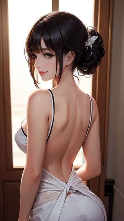 (Raw photo:1.2), (Photorealistic), Hasselblad H6D-100c photo, Beautiful detailed girl, Very detailed eyes and face, Beautiful detailed eyes, Huge file size, High resolution, Very detailed, Best Quality, [masutepiece:1.6], Illustration, Very detailed, nffsw, Fine detail, Best Quality, 32K Wallpaper, Movie Lighting, nature scenery in a fantasy world, magical place outside filed with mystical flowers, Beautiful woman, 20 years old, Perfect body shape, [Big, heavy breast, D Cup: 1.9], Beautiful big eyes, lips apart, gentle smile, black hair, (sexy panties and bra, Dynamic Pose, erotic body, cowboy shoot, back view