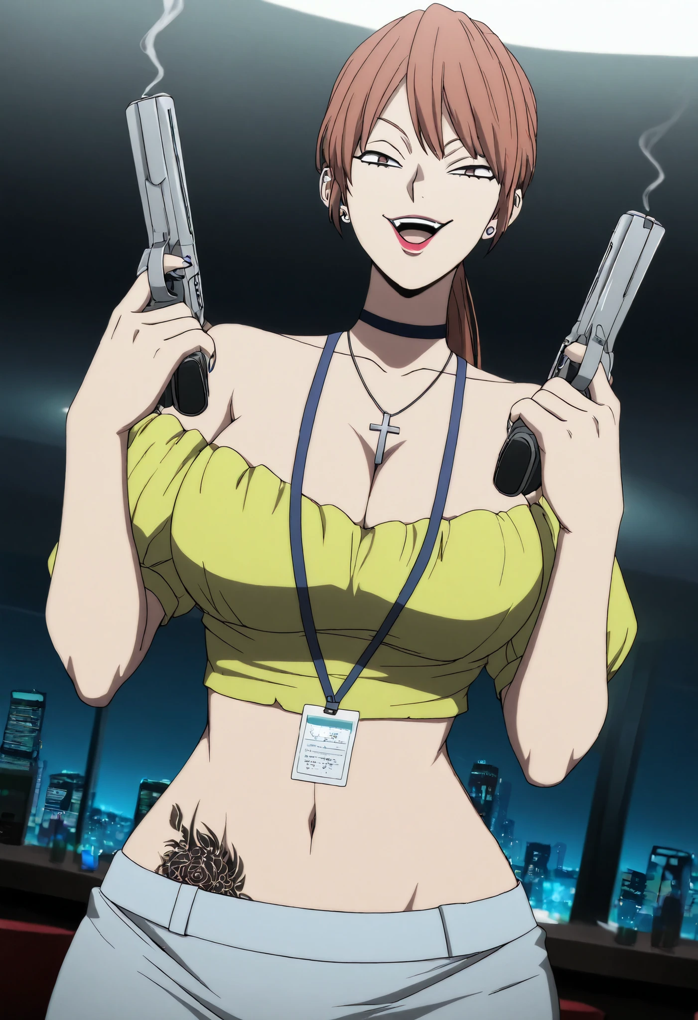 masterpiece, best quality, amazing quality, 1girl, solo, BREAK
m0mok4,long hair,brown hair,ponytail, brown eyes,yellow shirt,lanyard, white miniskirt,
eyelashes, lipstick, ear piercing, long hair, , lipstick,Hot girl, baddie, smoking, sensual, attractive , choker, ,cross necklace, bar background, inside bar,indoors, cityscape, casino, nightclub, city lights, , evil smile , open mouth, sexy gaze, badass pose , evil smile, smile, (nsfw) not safe for work, navel, evil expression, exposed belly, exposed navel, exposed midriff, exposed lower belly,, cleavage, , holding a gun, holding pistol , navel , , medium large breast ,looking at viewer , dragon tattoo on waist, narrowed eyes, tattoo on waist, anipai_style , anime screencap , anime coloring