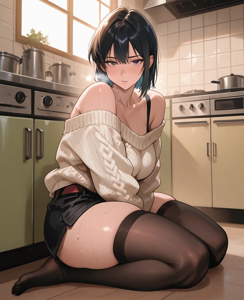 best qualityer, work of art, ultra high resolution, A woman is in the kitchen sitting on the counter, the woman looks like a milf and has large, full breasts, she is sexy and wears an apron, the setting is a well-lit kitchen, in the home kitchen, (Perfect Woman), perfect antomy, detailed face