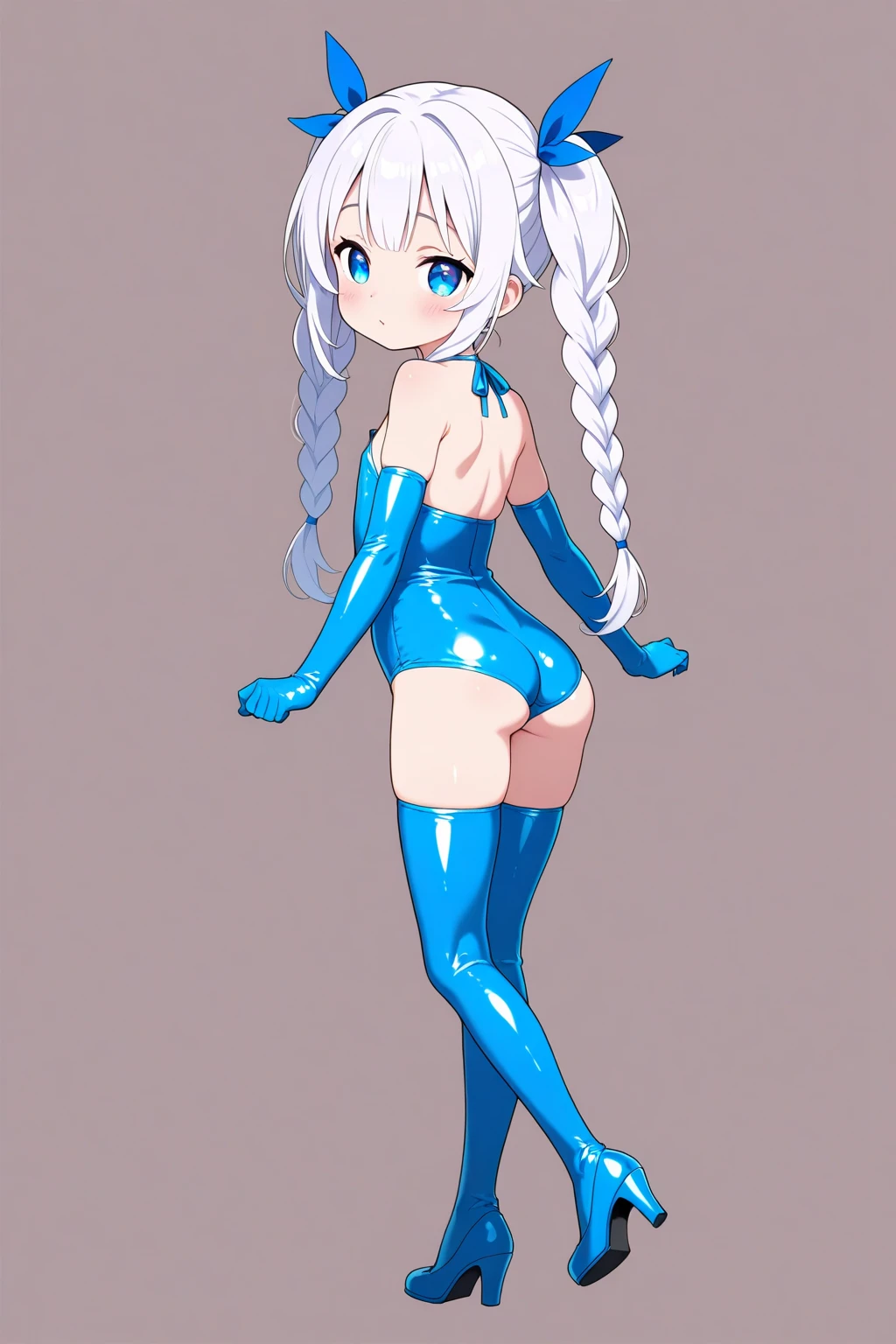 woman with white head, light blue eyes, bow tie, ponytail, and wears a bunny girl outfit. Tight thigh socks  