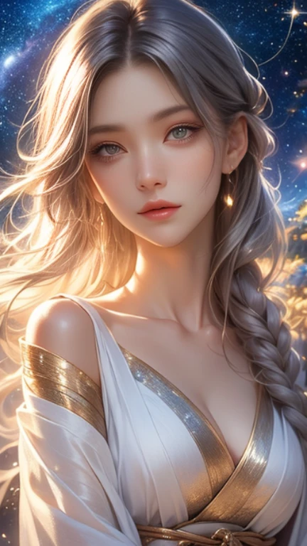 (Beautiful night sky), (Stars), Meteor Showers, Beyond the clouds，Wide Angle, Stunning clouds, 1 Girl, Solitary ,(young), Facial highlights, Upper Body, Delicate face, Tear mole, White skin, Silver Hair, Ponytail, Braided hair, Looking at the audience, big eyes, silk robe, (Hollow pattern, White, silk), earrings, Small Breasts, slim, VIP room, Professional lighting, Photon Mapping, Radiosity, Physically Based Rendering,(best quality, masterpiece:1.2), Ultra-high resolution, Practical, forward lighting, Intricate details, Exquisite details and textures,