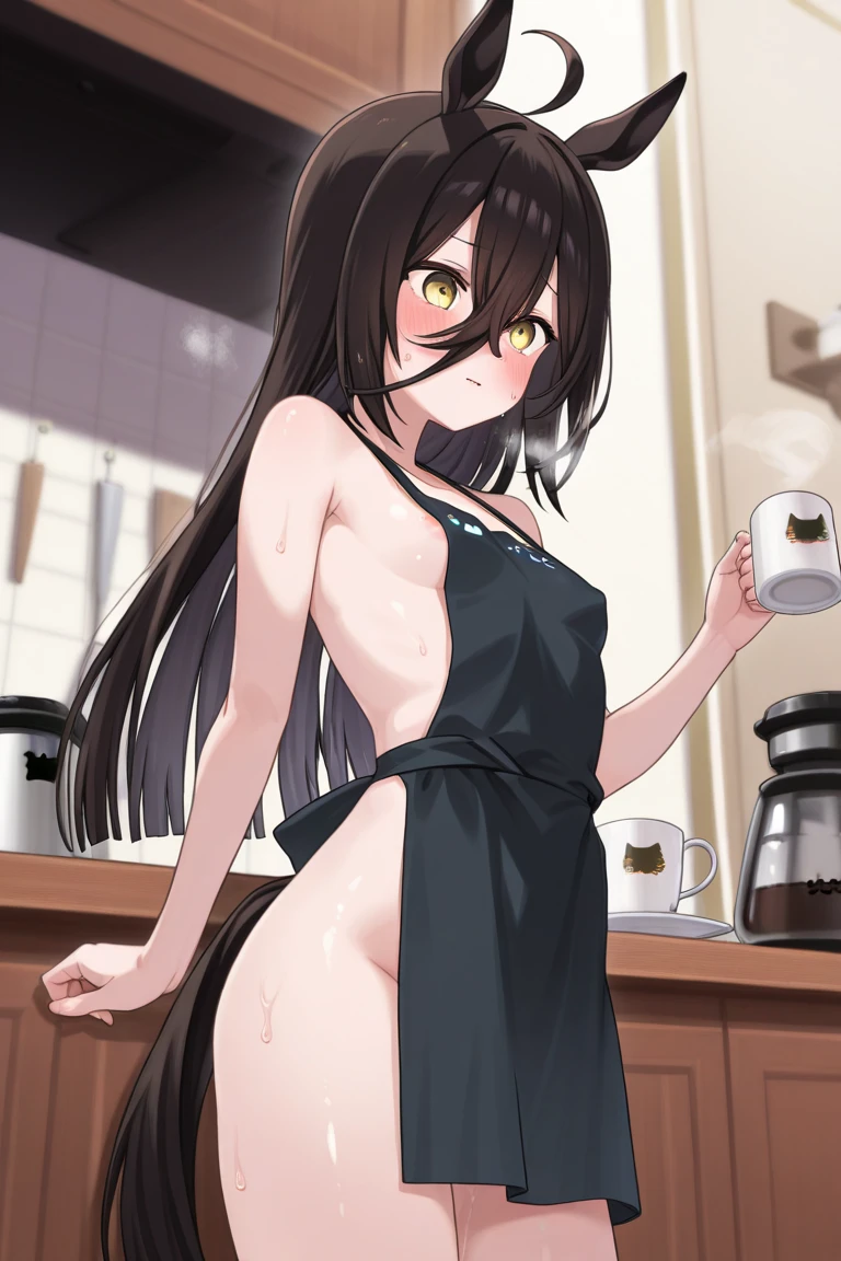 ((best quality)), ((masterpiece)), ((detailed)), (((perfect face))), (((slender 18yo teenage girl))), ((((medium breasts)))), ((((topless)))), ((((tight black shorts)))), ((dark brown hair)), ((short ponytail)), (((blue eyes))), ((shy:1.3)), ((blushing:1.5)), (((bare chest))), ((bare stomach)), ((bare shoulders)), (((bare arms))), (((walking))), ((((fancy café, windows)))), (((carrying tray of cups)))