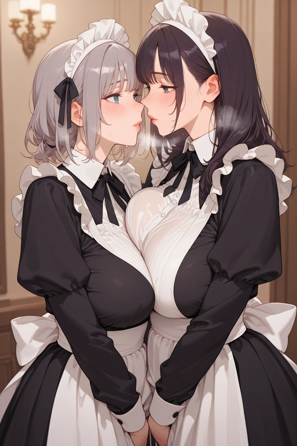 Raise your bangs and stick out your forehead　Gray Hair　long　Wave　Pretending to be a waitress　Big tits
cute　Nipples are sticking out