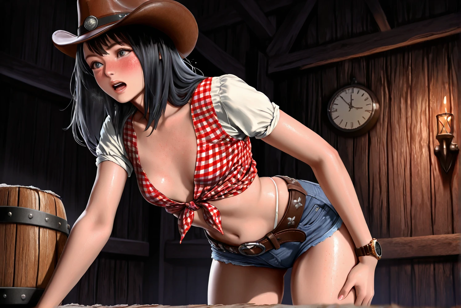 (((One beautiful naked cowgirl:2.0))),(((NSFW:2.0))),(((Nude:2.0))),(((Brown gun belt with holster:2.0)),((Wear a watch on your wrist:1.5))),((Blushed:1.8)), Beautiful detailed girl, Very detailed目と顔, 緻密でBeautiful Eyes, Very detailed, High resolution, Highest quality, masterpiece, Very detailed, 8k wallpaper, wonderful, finely, Highest quality,(((Standing in front of a wooden wall:2.0)))),Beautiful Eyes,(((Shot from under your feet:2.0))),((Drinking whiskey:1.4)),(((Place your hands on your chest:1.5))),(((Drunk:1.8))),(((Crying face:5.8))),(((Are standing:1.2)))