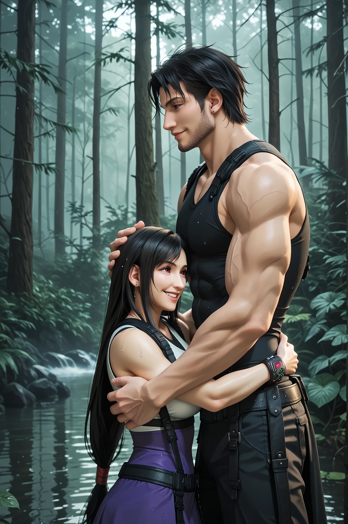 Lena with short dark blue hair hugging Zoro with green hair, strong man in love standing, walking
