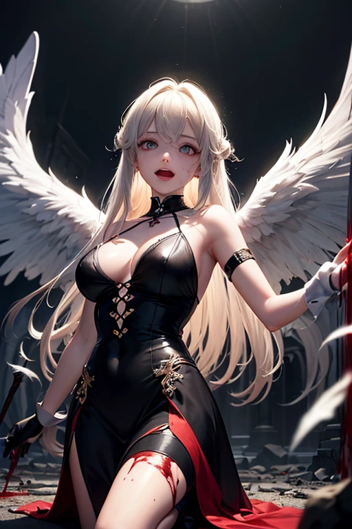 Very detailedな CG Unity 8K UHD 品質解像度の壁紙, Award-winning portraits, Official Art, A perfect masterpiece, highest quality, Highest Resolution, The most beautiful demon goddess, Shot the cowboy from below, Very detailed open chest armor,, Devil horns, Black angel wings, Bold colors and patterns, Trendy and innovative platinum white mohawk hairstyle, Bright makeup, Super huge huge , Showing cleavage,A huge chest protruding from the red armor., Many tattoos and piercings, Detailed night view, cherry blossoms blown by the wind, Vibrant color scheme, Insane Details, Beautiful and elaborate face, Sexy and Fascinating lascivious expression, Looking at the audience, Close up POV camera view from below, Obscene, Saucy, Fascinating, sexy, Dynamic pose, Intricate details, Very detailed.