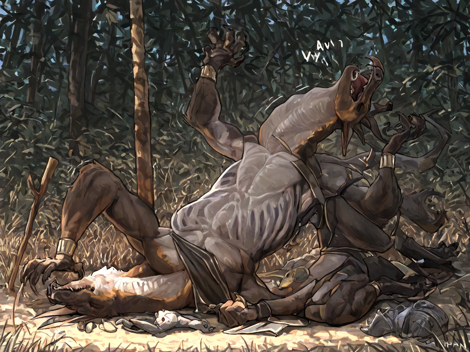 Tall black man tall riding a pale skin woman that leashed by a from neck piggyback style interracial in forest normal body view from top smiling