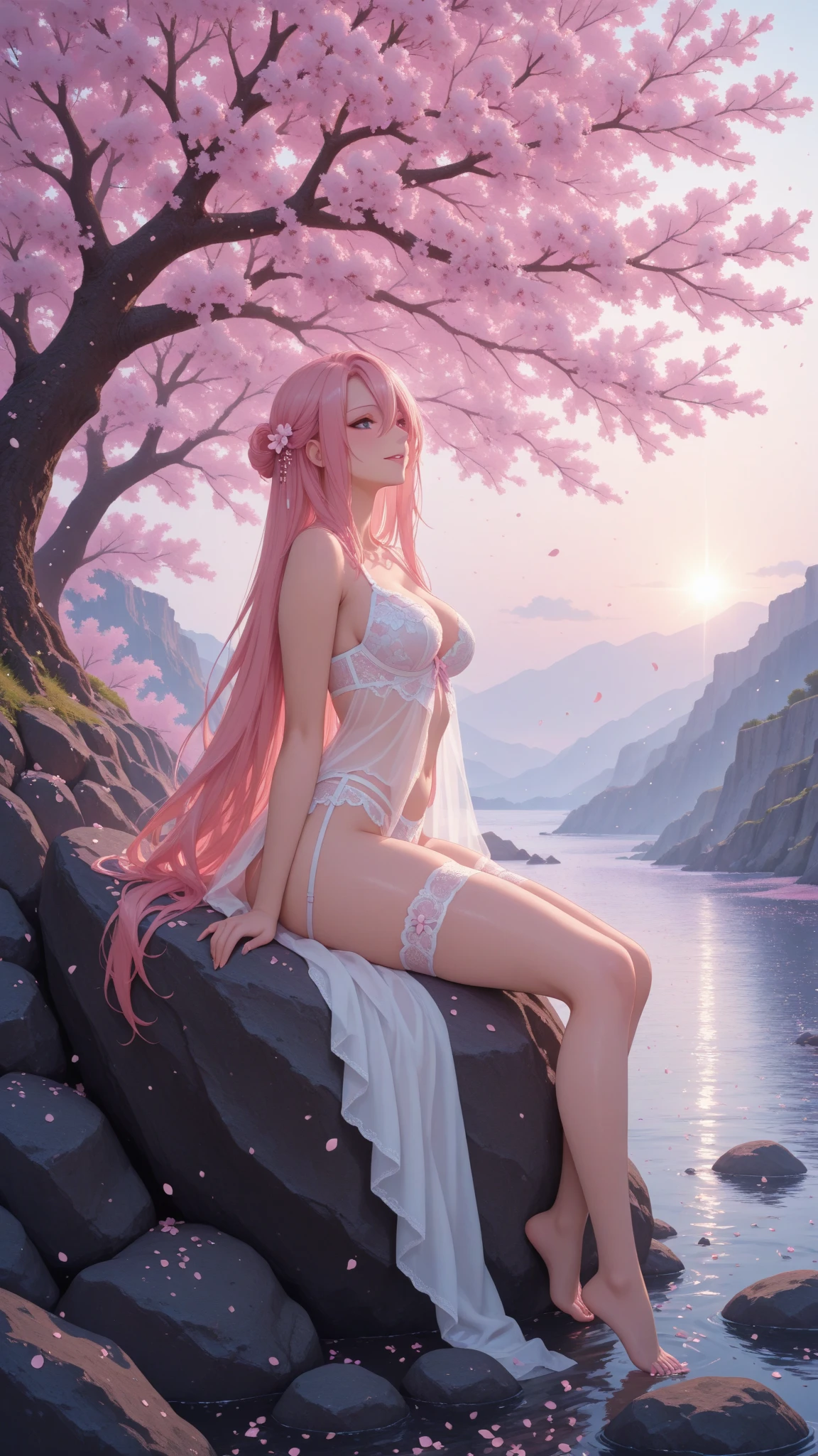 ((best quality)), ((masterpiece)), incomparable, (detailed), seductive succubus, ethereal beauty, perched on a tree in pink bloom, (fantasy illustration: 1.3), charming look, captivating pose, lonely girl, (wet open legs), (no panties), supernatural charm, mystical sky, (Luis Royo:1.2), (Yoshitaka Amano:1.1), moonlit morning, soft colors, (detailed clouds:1.3), (high resolution:1.2), Japanese temple in the background, transparent ultrathin wet white dress, (no bra), (giant breasts), legs hanging above the pond, Greek goddess, realistic, realism, sexy body, bath in the pond, wet, wet dress, wet breasts, hard and stiff breasts, hot, sexy pose