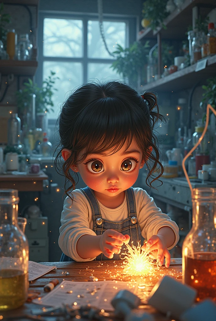 A town young big girl with specs and tied hair in a ponytail wearing white tshirt and blue mini skirt. She noticed a circle crystal in a jar in her room