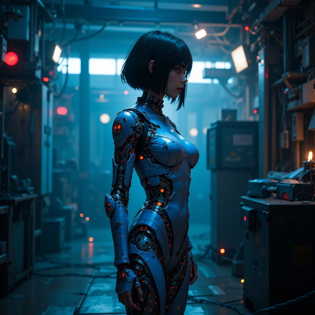 A robot with human arms sitting on a street watching the rain with one hand outstretched tall buildings, it&#39;s raining , blade runner type lighting 