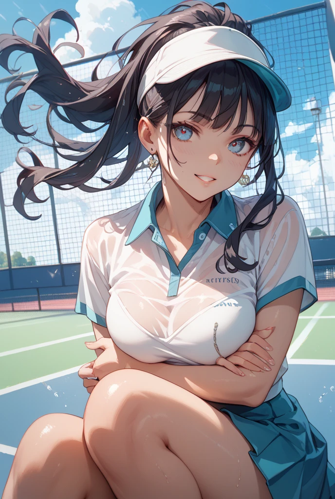 ((Masterpiece)), (((Best Quality))),(Beautiful Detailed anime FACE),Ultra High Resolution, Caustics, Detailed,Perfect Anatomy,nsfw,cowboy shot,solo20 year old beauty、Japanese、black hair,short bob hair,black eyes,slender body,ideal ratio body proportions,medium breasts,tan skin,gleaming skin,oily skin,shiny skin,hands behind head,squatting,training、painful expression、blush、open mouth,(White tennis wear、body-conscious、white tight polo shirt、white tight mini skirt、perfect white panties,sweat:1.3),outdoors、Tennis court、