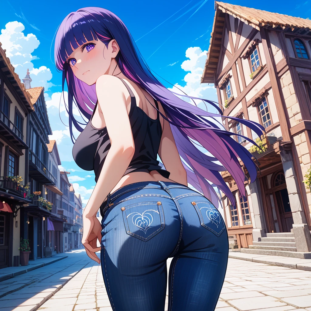 a masterpiece of、beste-Qualit、Hi-Res、kaori1、女の子1人、独奏、Scabbarded、Asymmetrical clothing、navel、Purple Eye、extra very long hair、Tied shirt、abdominals、Hair ribbon、Single Pants Leg、White shirt、poneyTail、black-haired、hugetits、JINS、White ribbon、brown belt、purple color hair、Asymmetrical legwear、s ass、from behind and be、is standing、plein air、high street the ocean