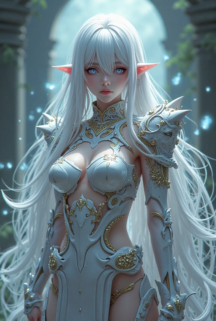 a young and beautiful elf princess, with elven tattoos, beautiful pale face, gray eyes, beautiful black hair with a crystal tiara, rides her white horse, it is raining torrentially, thunder is falling, the sky is extremely dark, in the background you can see in the distance a meadow on the outskirts of an immense castle, cinematic lighting, pixar style, long shot