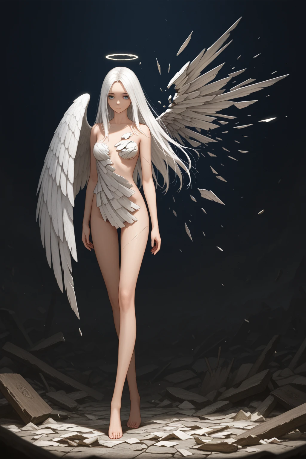 (white color concept:1.0),a girl like doll with angel wings, archdevil, nearly naked, thin body, skinny, (dynamic pose:1.2), thin body, from half-side, side_shot, narrow waist, (tiny hip),(spread legs),devil crown, dragon horn,(Highest quality authentic textured skin) ,very slim and thin body, naked, nude),A messy painting，(Hair flows in air:1.5),,(Surrounded by black feathers),Epic realism,Cinematic feeling,(high-density imaging review:1.5),Ultra detailed,Dramaticlight,(intricately details:1.1), complex background, fractal background,
