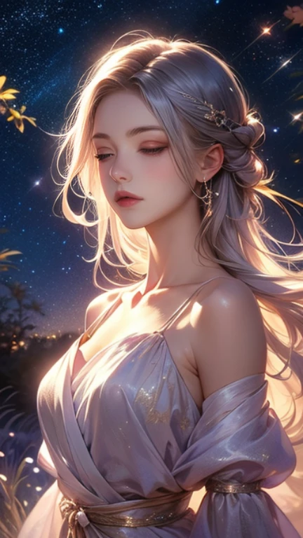 (best quality, masterpiece:1.2), Ultra-high resolution, Practical, forward lighting, Intricate details, Exquisite details and textures, Beautiful night sky, (Stars), Meteor Showers, Beyond the clouds，Wide Angle, Stunning clouds, 1 Girl, Solitary ,(young), Facial highlights, Upper Body, Delicate face, Tear mole, White skin, Silver Hair, Ponytail, Braided hair, Looking at the audience, big eyes, silk robe, (Hollow pattern, White, silk), earrings, Small Breasts, slim, VIP room, Professional lighting, Photon Mapping, Radiosity, Physically Based Rendering,((Inspired by: James Ensor)),