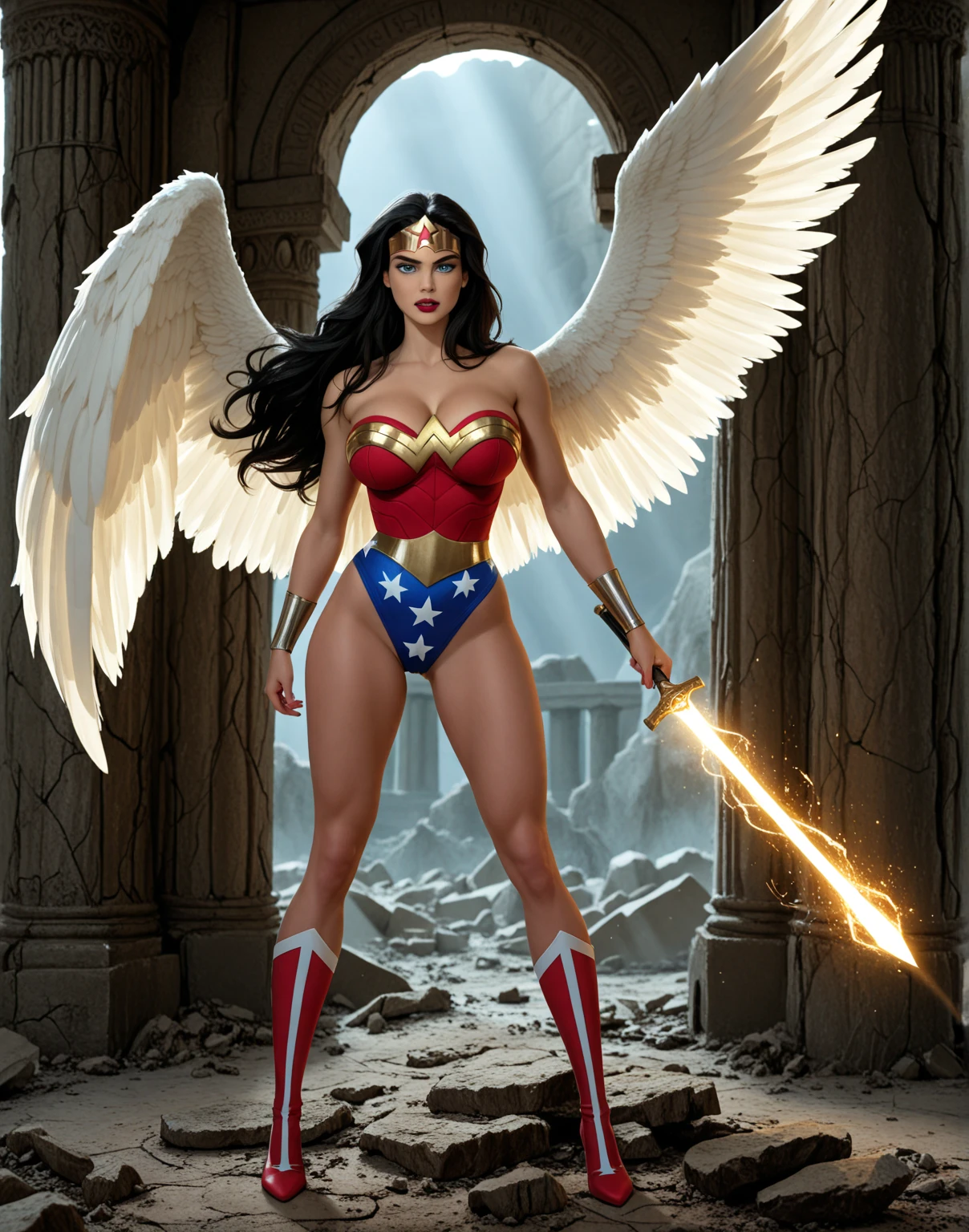 Actress gal gadot , tanned olive skin tone ,ultra high res, best quality, photo, 4k, (photorealistic:1.4), (ulzzang-6500:1), cinematic lighting, Archangel Gabriel, Saint Seiya, wearing medieval gold armor, detailed feathers, starry sky background, the galaxy, portal of the future, volumetric light, HD, magic, holy, god light, backlighting, detailed face, contrapposto, smooth skin, full body