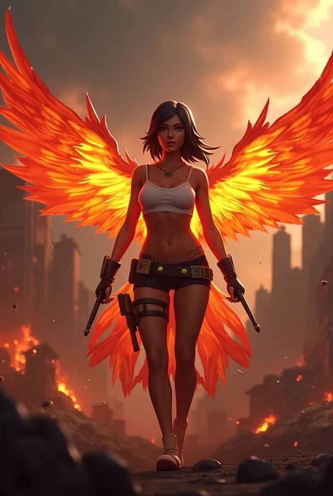 A medium shot of an angel rising into the sky over a burning city, dramatic lighting, sharp, details, flames, fire, burning buildings, looking at viewer, detailed skin texture, beautiful detailed face, ultra detailed, intricate details,