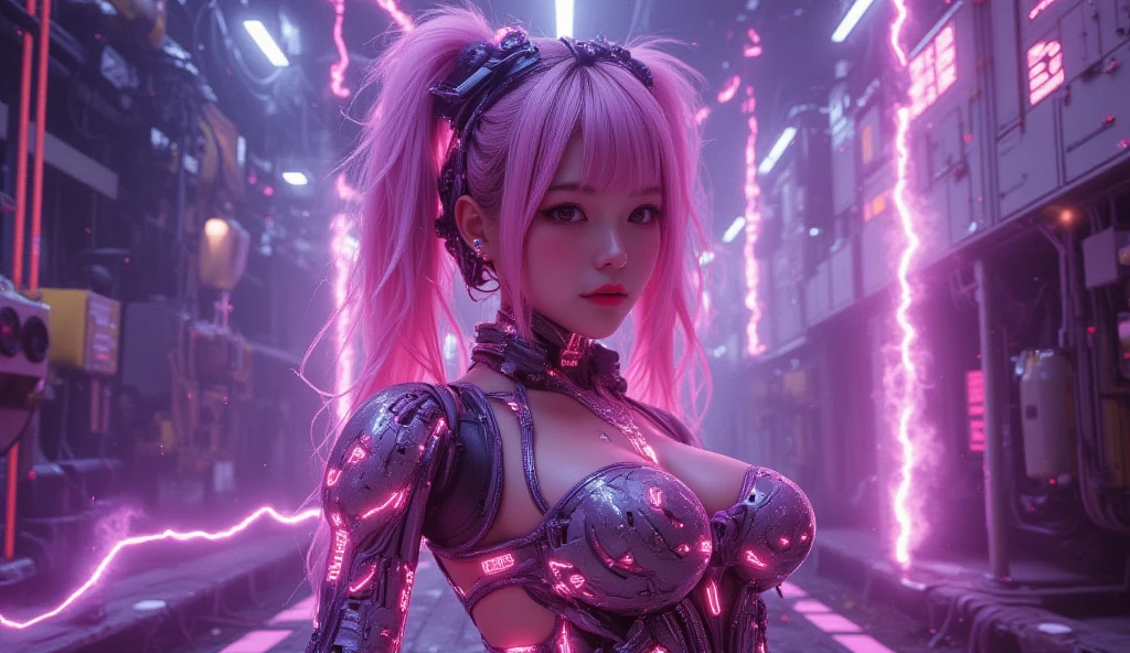 Asian Woman,masterpiece, highest quality, highest quality, Official Art, beautifully,aesthetic:1.2),Upper body close-up,(One Girl:1.4),A suit that shows cleavage,whole body,(Light pink hair),Straight Long Hair,Very detailed,(Fractal Art:1.3),(colorful:1.5),Best details,Otome,((cyber punkスーツ)), catheter,(Neon Background:1.4),(Neon City:1.75),night,Large Breasts,High heels,(:0.75),compensate,blush,(cyber punk:1.4),((View your viewers)), (((Ultra-realistic))), Perfect lighting, Dynamic pose, RAW 8k, ((Detailed aspect)), ((Beautiful Face))