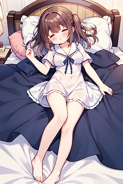 beautiful big breasts, fluffy brown hair, brown eyes, short hair, bangs, blush, smile, bed, young beautiful girl, white dress, tri blade, frills, ribbon, very thick legs,black socks, cute white panties,