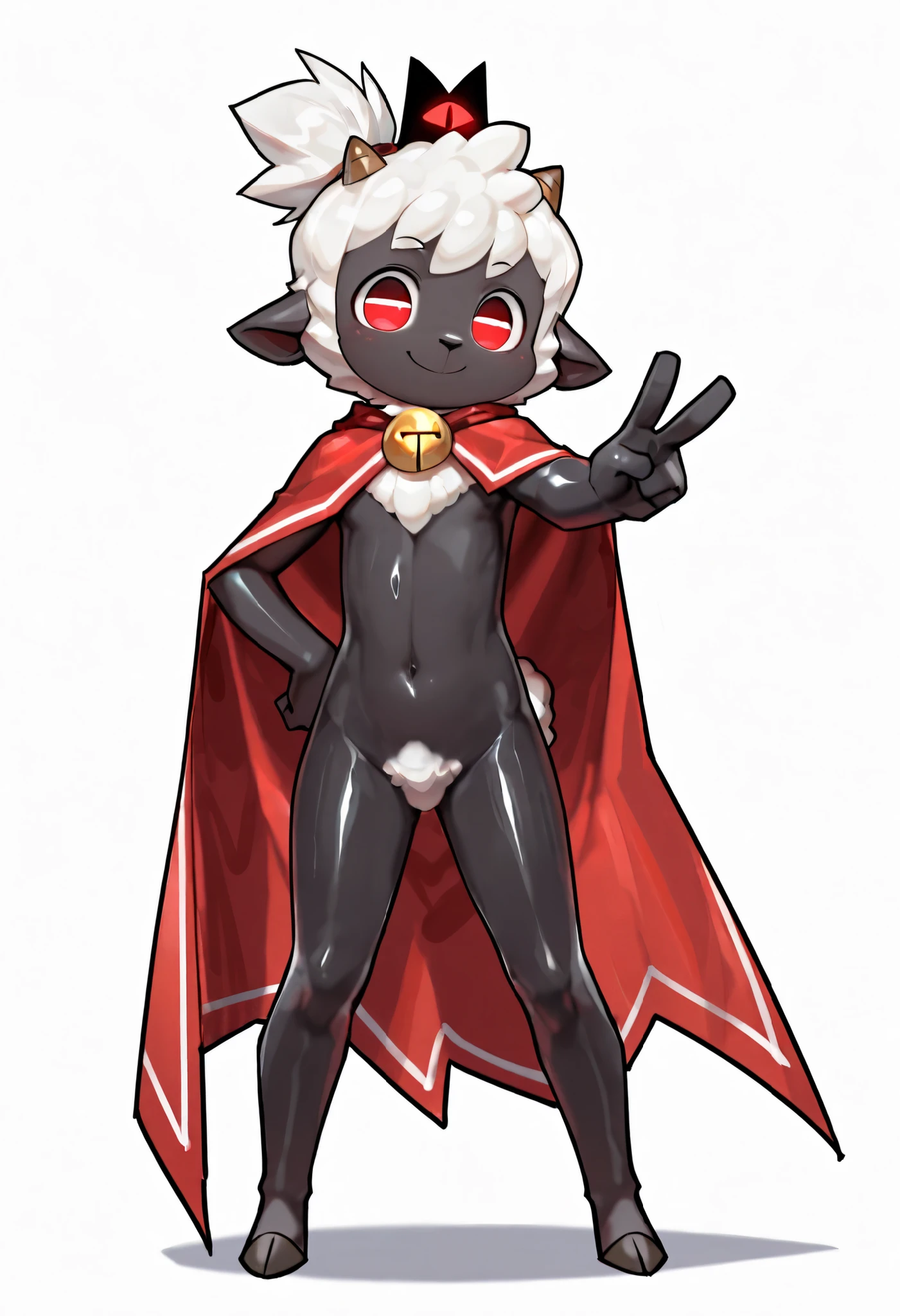 Furry shota, Lamb, "Cult of the lamb", red eyes, clear black body fur, black nose, small horns, white hair, spiky hairstyle, short hair, full body, detailed body fur, detailed body, detailed eyes, glistering body, shiny body, gorgeous body, masterpiece, feets whit three toes, ((crown, red cloak)), pose standing one leg up, leg hold pose, barefoot,
