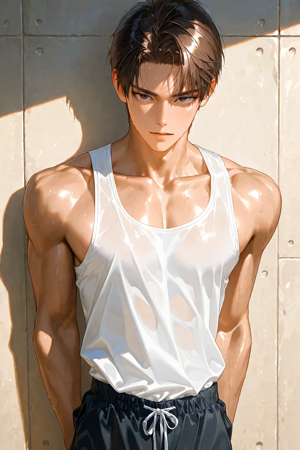 1boy, adult, handsome, perfect face, detailed eyes and face, clean shaved, muscular, capturing a rural atmosphere, dynamic lighting, unreal engine 5, hd picture, satoru gojo, white hair, short hair ,hair between eyes ,blue eyes, white skin, milk pink nipple details, water details, sweat details, rain water details