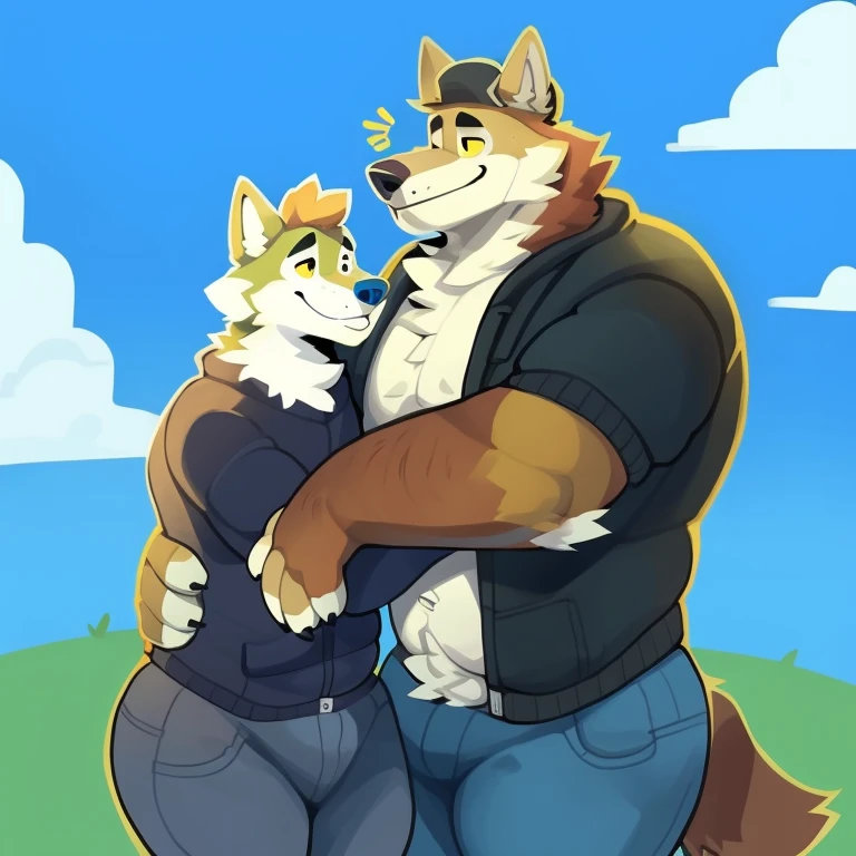 Masterpiece, hi res, absurdres, Best Quality, 4K, 8K, detailed, tall muscular male anthro Fox hugging a Mature female human(Big breasts,saggy breasts,Bob cute, Brown hair),semi realist style, casual clothes, detailed faces, better faces,detailed eyes