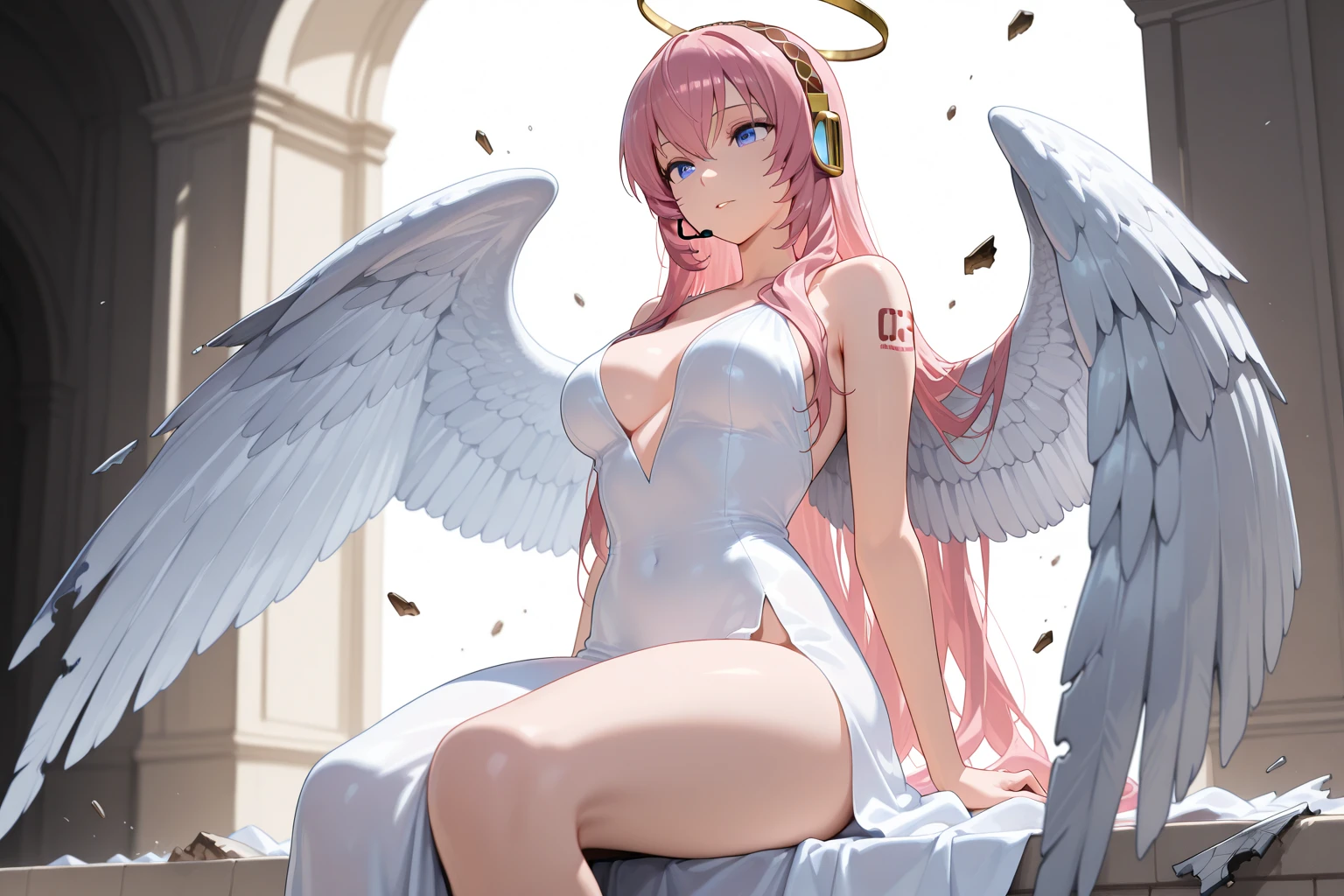 cabelo roxo (purple hair), Greek goddess, sculptural body, super detailed hand, super detailed face, hyper detailed body, No defects, (greeneyes), focused eyes, pretty detailed eyes, pale skin, blushed face, crown on head, long hair, slickedback hair, coiffure, expression of pleasure, fearless stance, partes do fully body, entire limbs, fully body, pink hair, gorgeous fur, high resolution, 4K, lined eyes. fully body, toned thighs, small feet, Waist slender, big-ass, Unclothed, small foot, role model, best qualityer, legs open, exposed pussy, invitation, showing pussy, Crouching position, leg wide open, Point of view, (inside the bathroom), right hand on breast, left hand on thigh (moaning with pleasure) wings with feather