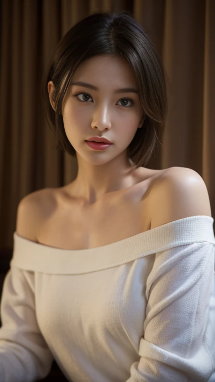 short hair, Skintight Black Top:1.2, View your viewers, Cinema Lighting, perfection, Soft Light, High Resolution Skins:1.2, Realistic skin texture, Realistic Face, Off the shoulder, Exposed cleavage,Shapely small breasts、 Brown eyes, short hair,whole body、
