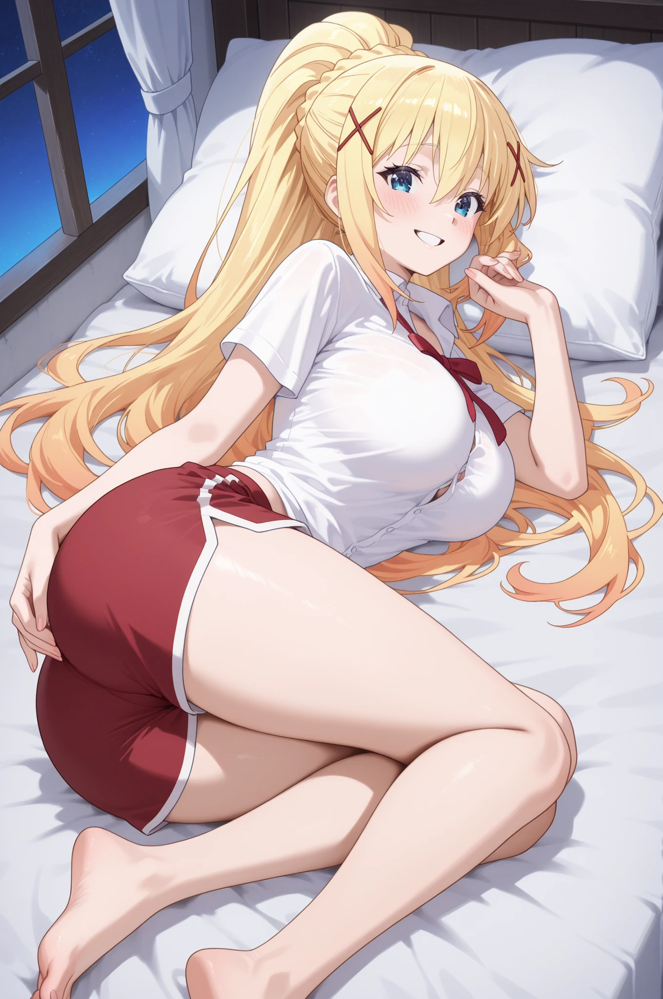 highest quality, High resolution, 1 girl, Japanese beautiful girl, (nude:1.5), Smile, brown eyes, long blonde hair, Smooth straight hair, slender, Are thin, big breasts, small butt, white skin, (morning, bright light), Suite Room, Bedroom,