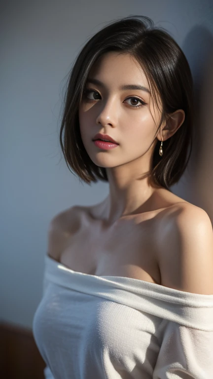masterpiece,top-quality,highr, 1girl in, asian human, beautiful countenance, Face_Focus, (Simple background:1.2), The upper part of the body、Colossal tits、(A detailed eye,Left and right symmetrical eyes,Detailed skin、Detailed lips)、short-hair、back lighting、Location shooting