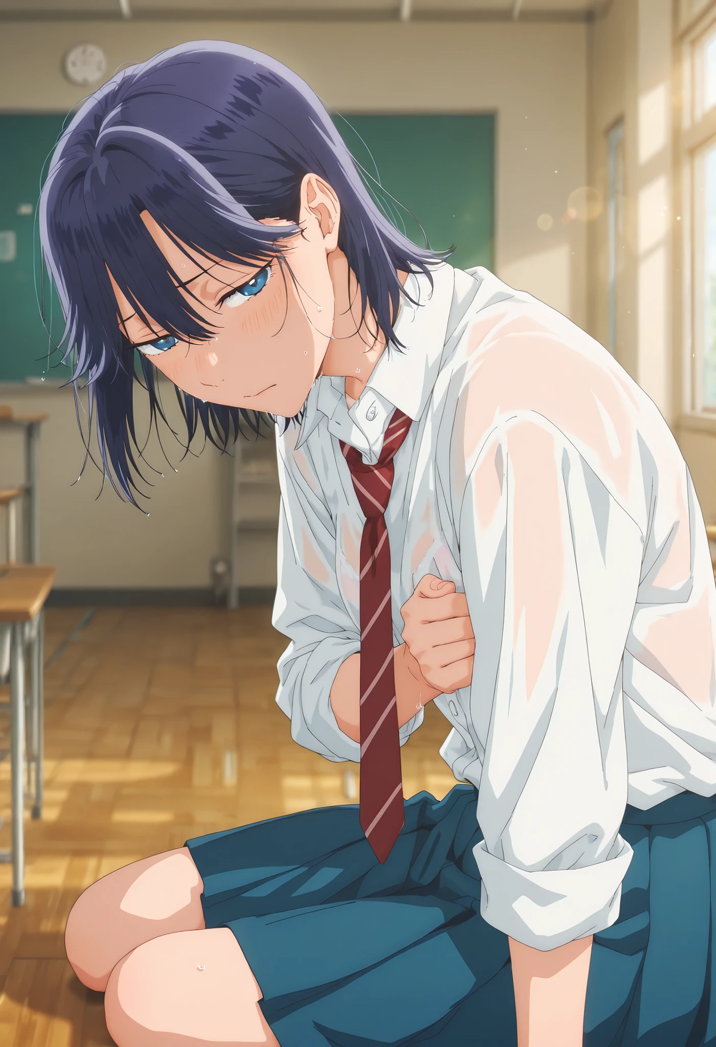 masterpiece, , absurdres, highres, detailed background, high resolution, masterpiece, necessary, detail, best quality, quality, necessary, details, High details, Precise, indoor, ((class room)), (dappled sunlight ,day ,lens flare ,blurry background), from side:0.7, , , ,
detailed, anime screencap , anime coloring , official style , (aged up), head down, sitting, yokozuwari, ,(slim body, slender body), wet body, (covering breasts),
Break, girl , , <lora:Amaye_Moriya-20:0.8>Ayame, solo, blue eyes, blue hair, half-closed eyed, short hair, hair down, long bangs, hair between eyes, sidelock, white shirt, collared shirt, collared bone, red necktie, striped necktie, skirt, pleated skirt, see-through white bra,(small breast), light skin, looking at viewer, bent over, light embarrassed,