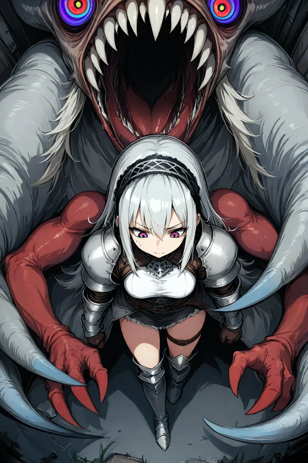 Sae hinata, ijirare fukushuu saimin, mature woman, mature face, glossy lips, white hair, bob hair,  body, small breast, visible pussy, visible nipples, naked, (dirty dungeon),  defeated pose, side view, (bestiality, zoophilia, animal on human, animal dick in pussy, peeing in pussy, pissing in pussy), (grotesque beast, ugly beast, stray beast), bloated stomach, (screaming, crying, horrified, tears), (gangrape, orgy, raped, multiple grotesque beasts, multiple grotesque dog dicks), (spitroast sex, gangrape, rape) 