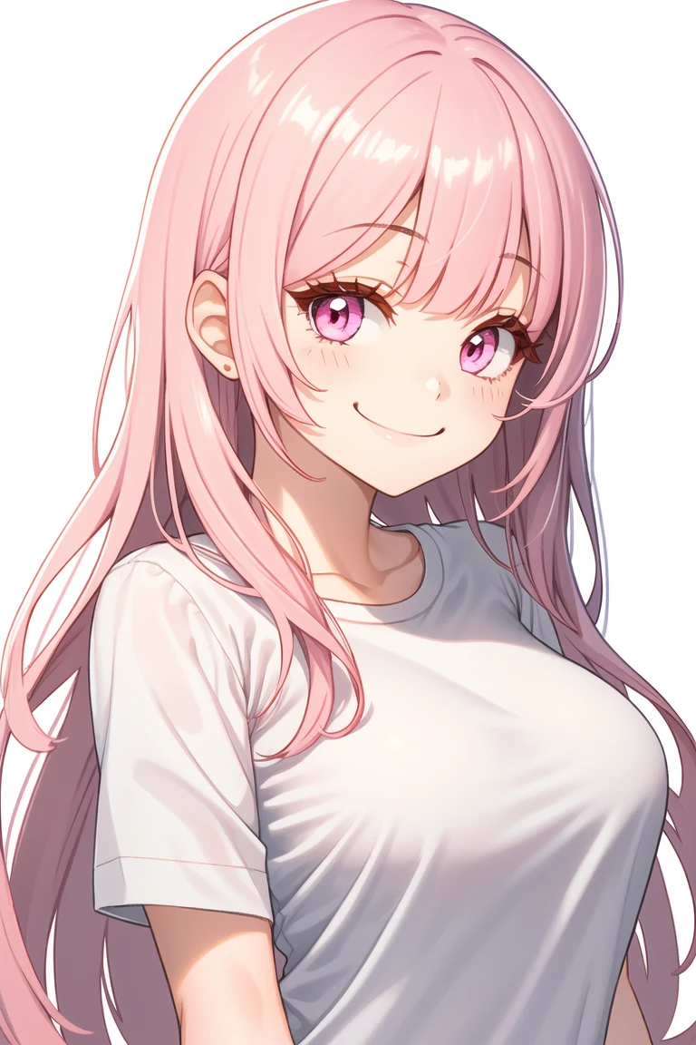 Highest quality、Super detailed、1 smiling cute anime girl、Bangs parted in the middle、long hair、Small breasts、Pink clothes、Simple Background