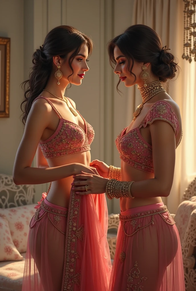 Woman wearing red lehenga, sitting on lap of woman wearing purple saree, making out, aggressively