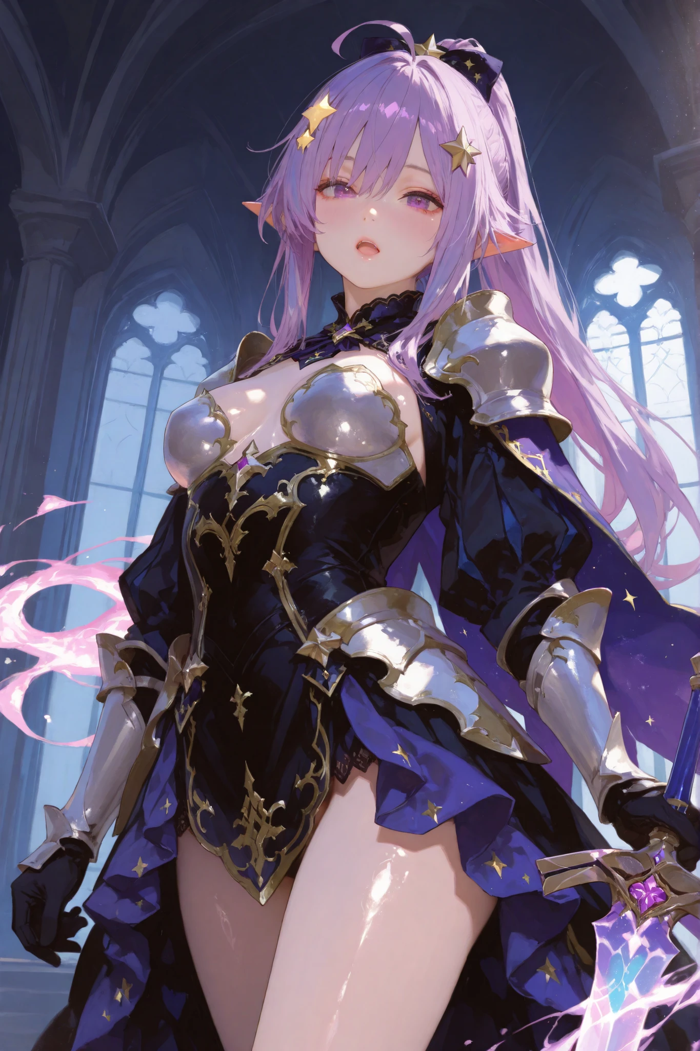 an elf mage, curly and lilac hair, bangs, large breasts, exposed thighs, hair between eyes, heroic posture, lilac eyes, full body, golden, white and purple robes, confident, fantasy, medieval, medieval castle, rays of sun