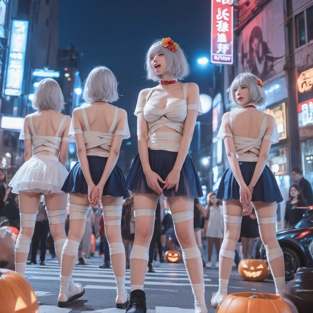 (Halloween Schoolgirls and Naked bandage girl), (masterpiece:1.2, best quality, photorealistic:1.37), {(Standing Full Body:1.2)|(from below:1.2)}, short silver hair, (naked bandage), (Detailed KAWAII face, Detailed Oily Porcelain skin), {Bustling street|(Passerby schoolgirls)| halloween| neon| spider web}, {(Childish:1.2|Gigantic Cleavage:1.37|Underboob:1.2)}, {flower wreath|Red leather high collar}, {Floating hair|Strong wind|Ass focus},{:p|:d|laugh|sparkle|joyful|delighted},