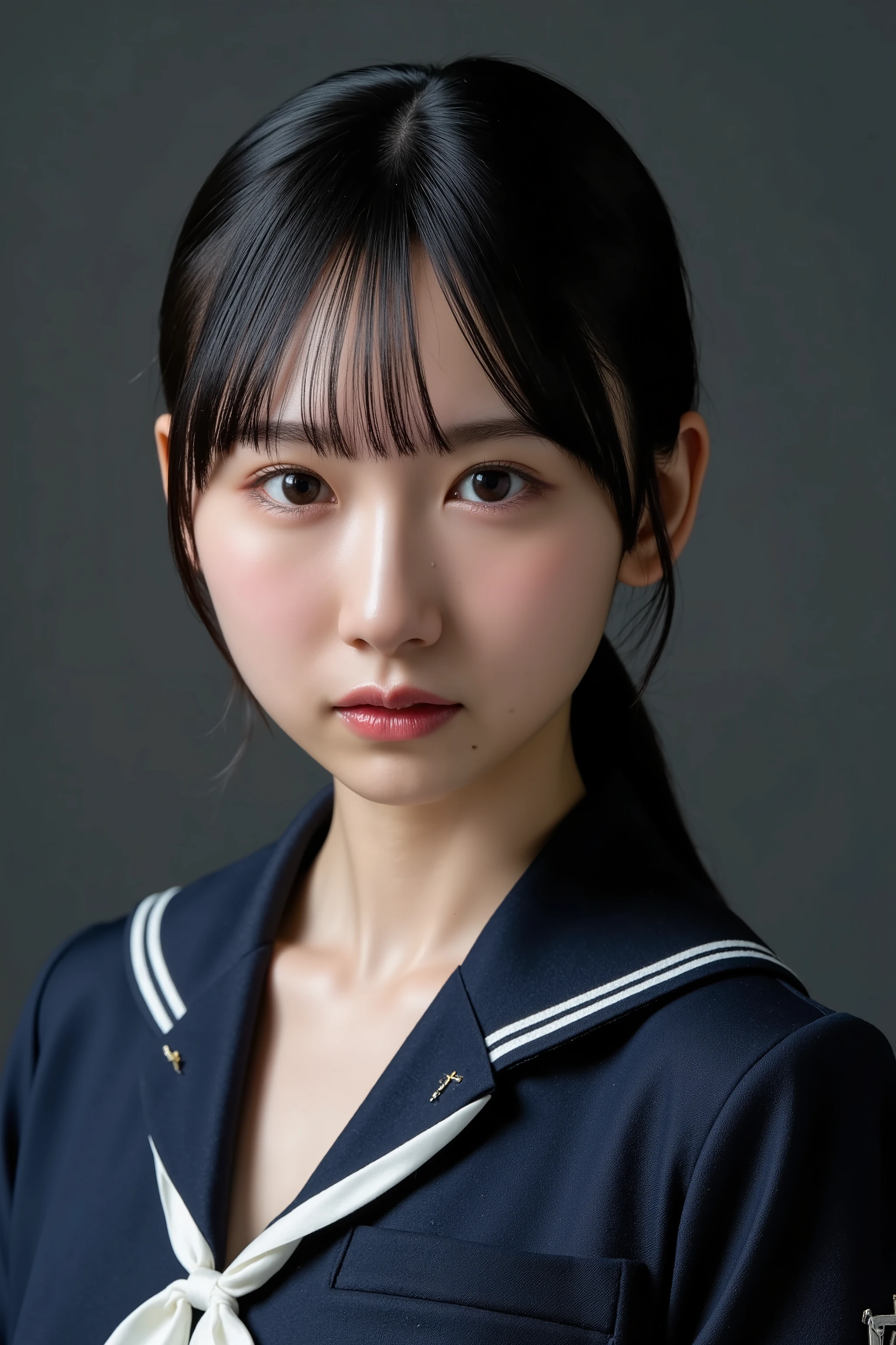 32k, Masterpiece, top quality, (Beautiful Woman) dark hair, sleek, serious expression, intense gaze, red lipstick, subtle eye makeup, school uniform, sophisticated, powerful, neutral background, dark gray, soft lighting, even lighting, high-quality image, sharp details, clear focus, Her expression is serious and somewhat intense, with a direct gaze at the camera.