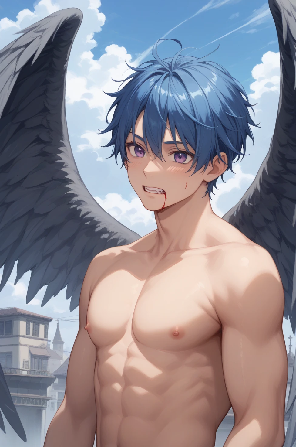 lewd male angel。fullnude。Full erection。Lying on your back、Spread your legs、Show off your genitals seductively 。