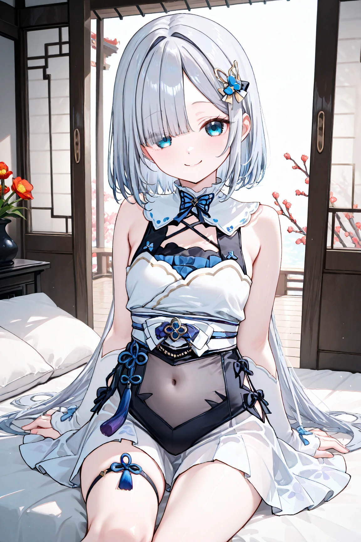 (Pee、pissing、Pee、pissing),(Highest image quality, high resolution, Masterpiece, Masterpiece, Maximum level, high resolution) (Drawing: Whole body) (number of people: 1 person) (gender: Slender, Nice and beautiful girl) (age: Little girl, 10 years old) (Skin color: Gorgeous white) (Hair color : Delicate white hair, Silver) (Hairstyles: Medium hair, Big buns) (face: Anime face, beautiful lovely) (Eyes: Deep and sparkling blue, slanty eyes) (Mouth: Slightly open) (Body type: Short stature, Slender, Medically correct, Young breasts, small ) (Limb shape: Slender, Medically correct limbs, 5 fingers) (Clothing: Short white cheongsam) (colors of clothing: Transparent, Transparent white ) (Clothing pattern: Intricate blue pattern) (Clothing movement: Waving in the wind) (Posture: Stand behind your back with your hands folded)，(Clear crotch)，virgina，with no underpants,No underwear,No tights,ssee-through,camel-toe,Camel hooves