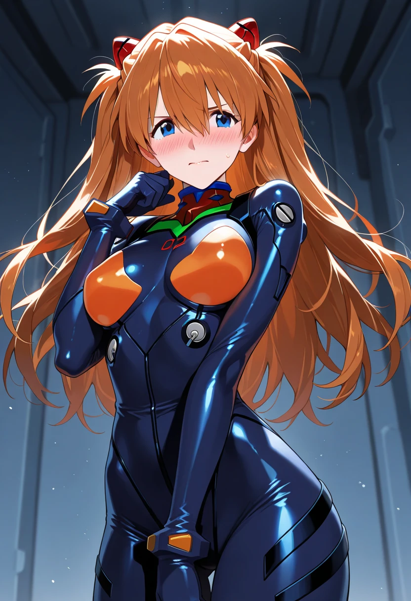 Slender pretty girl, alone, Evangelion, Shikinami Asuka Langley, {Red plug suit}, School Swimsuit, highest quality, The finer details, Don&#39;t blush, Small breasts, Small eyes, blue sky, Splash, Posing with hands on hips
