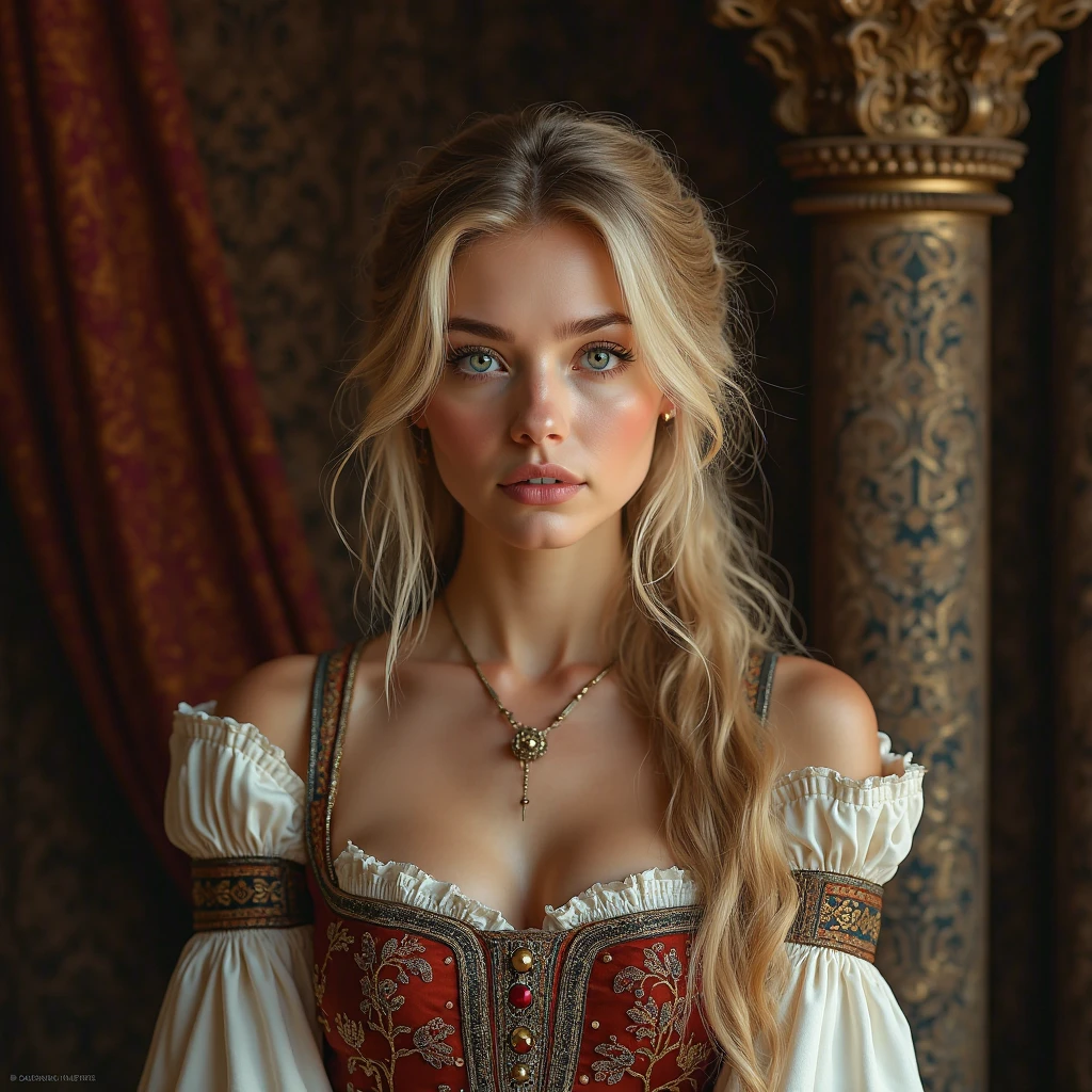 A young woman in the prime of her beauty, her visage suffused with the timeless allure of a Renaissance muse. She stands confidently in a darkened chamber, the dramatic chiaroscuro lighting casting deep shadows that dance across her bare, alabaster skin. Her golden hair is meticulously woven into an elegant French braid that cascades down her back, while a vibrant bollenhut, a traditional German headdress, sits atop her head, adorned with intricate floral embroidery. Her eyes sparkle with mischief as she winks with one cerulean eye, the other hidden beneath a playful sweep of long lashes. A crimson smear of lipstick graces her full, inviting lips, matching the rich tones of the dirndl that wraps snugly around her waist, revealing her all-natural, unblemished breasts that rest gently against the fabric. The garment's folds and patterns are rendered with such hyper-detail that each thread seems to leap from the canvas, a testament to the artist's mastery. The background is a velvety black, allowing her radiant features and the crimson accents of her outfit to pop with vibrancy. The 8k resolution captures every nuance of her form, from the soft curve of her neck to the delicate arch of her foot, while the HDR enhances the depth and realism of the scene. This full-body portrait is a modern reimagining of classical art, suffused with a sense of eroticism that whispers of the painter's admiration for the female form. Her posture and expression are coy yet assertive, beckoning the viewer to join in her silent flirtation. The photorealistic style blurs the line between reality and art, ensnaring the gaze and inviting contemplation of the timeless beauty and seductive power that she embodies.