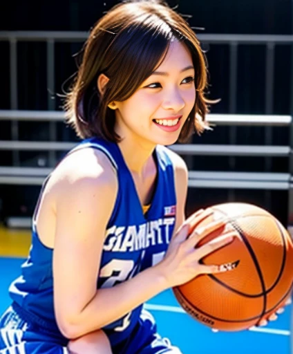 Japanese idol, basketball player, basketball uniform, large breasts, ((basketball court)), holding basket ball, (smile), (Short hair), Sitting on the floor, wariza, fullbody, High school gym, plump, BREAK, masterpiece, (best quality:1.2), ultra highres, (photorealistic:1.4), (extremely perfect anatomy body parts), realism, natural light, depth of fields, Detailed Background, perfect composition,highly detailed, detailed face, extremely detailed, ultra-detailed, 8K wallpaper, extremely awesome detailed, dynamic lighting, deep shadows, photorealistic, realistic face, well-groomed face, japanese cute idol, cute & sexy, prostitute_expression, adorable, (pretty idol), (small mouth), small head, ((chiseled face)), no makeup, natural skin, pores, (absurdly cute),