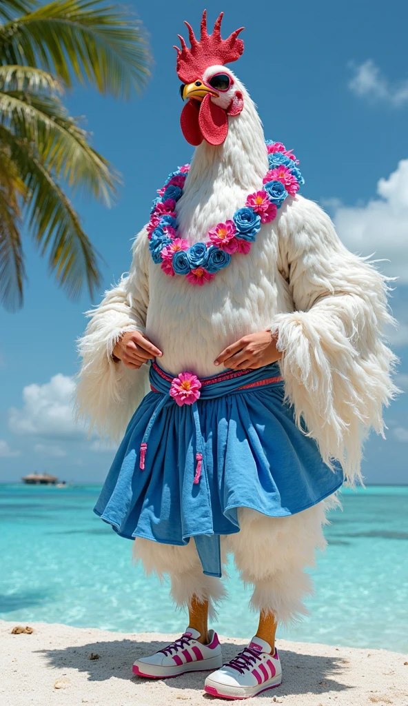 high fashion photography of a hefty old man as a ((pilot)) with ((box braids)) Clothed in feathers,creating drama with each step.,dressed in blue crop top,blue shorts,white sneakers,texture appears smooth,hazy sky,mountainous terrain,balcony railing,facing camera,arms crossed,slight smile,eye-level shot,center-framed subject,soft natural lighting,atop a towering megastructure,(realistic,photo-realistic:1.37),(straight on:1.3),shot on Panasonic Lumix GH5 with Leica DG 25mm f-1.4,photo by Patrick Demarchelier 