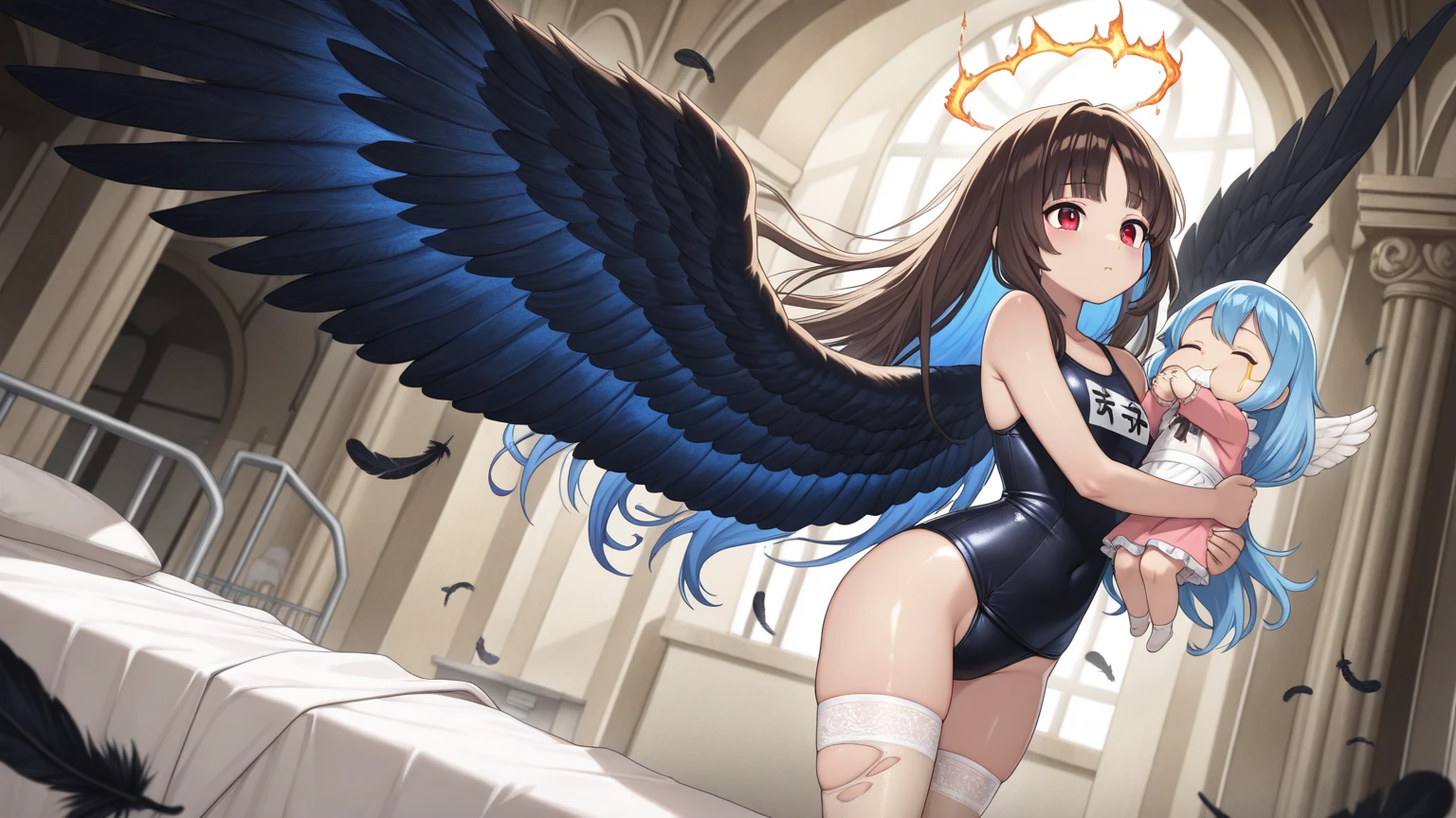 Angel face, long wavy brown hair that is braided around her head and tied with a blue and red bow around the back,purple eyes,generous curves,plump ass,large breasts,Big frame,5'7 Height,loght skin,halo overhead,five pairs of beautiful pigeon wings that can be hidden,golden aura that always surrounds her,white goddest dress,angel arm bracelet,angel necklace,angel queen's royal crown,transparent black long socks, angelic shoes