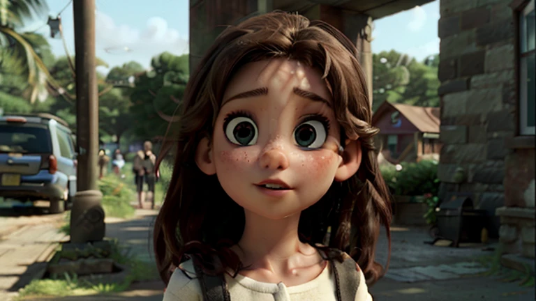 A peaceful village at dawn with the protagonist, a young girl named Lily, standing on a hill. She wears a simple dress and looks determined, with the village's quaint cottages and the forest in the background.